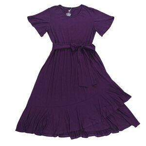 Levaca Womens Purple Short Sleeve Ruffle Hem Belted Midi Dress, Size L.